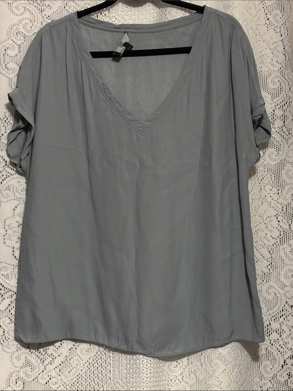 Lostapril Women's V-Neck Short Sleeve Blouse in Light Grayish blue